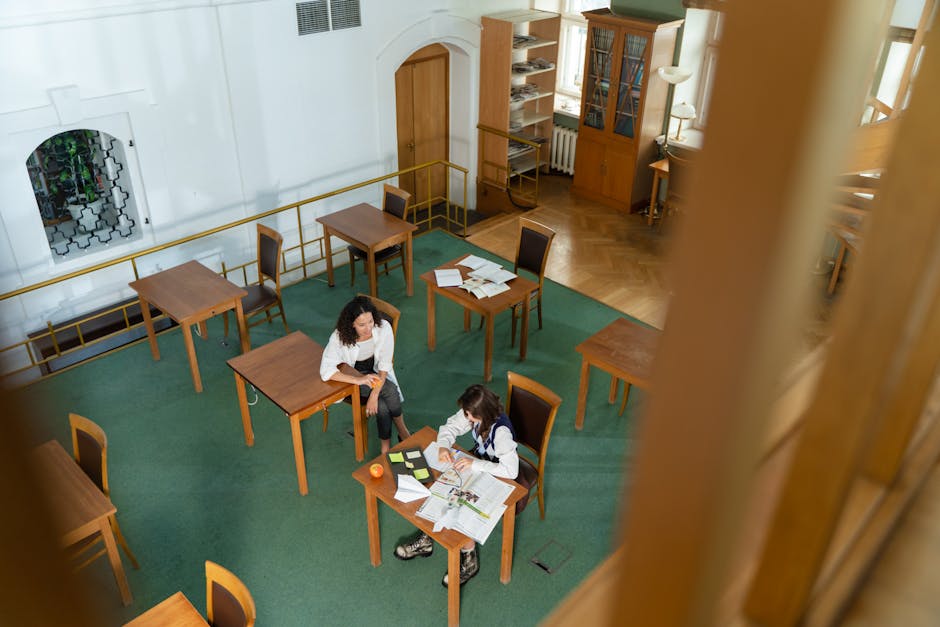 Two college students studying in a library from a high angle view, discussing notes.