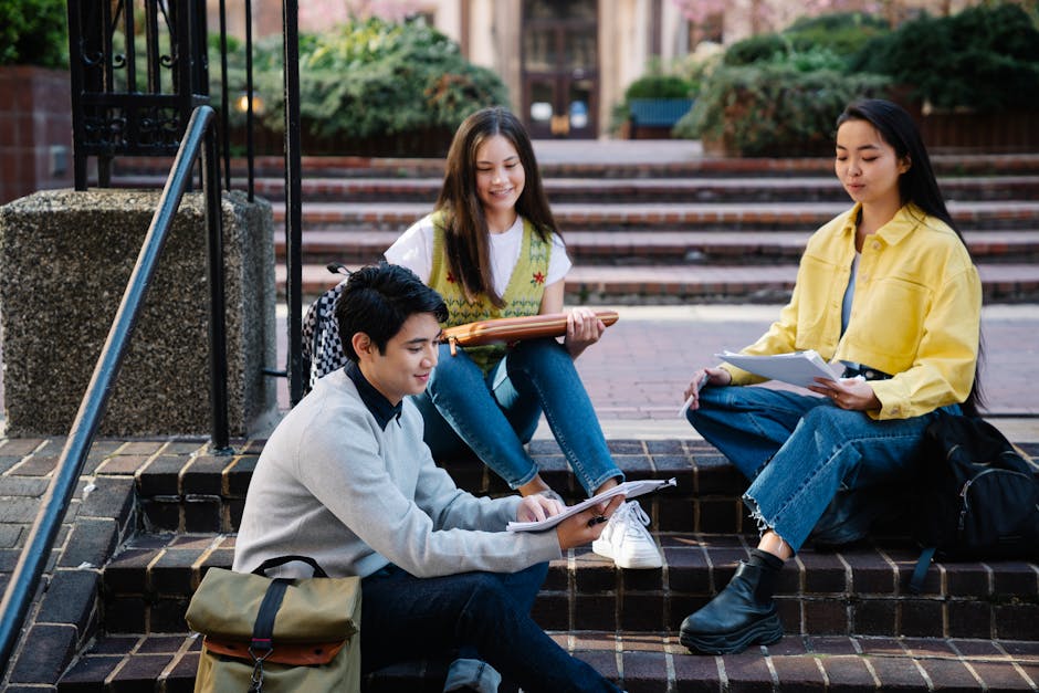 Group of students studying outdoors on college campus steps, enjoying sunny day